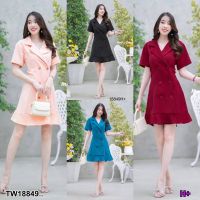 J18849 เดรสปกสูทแขนสั้น ต่อระบายชาย Suit collar dress, short sleeves, ruffled hem