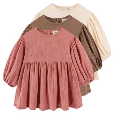 2023 Autumn Cotton and Linen Girls Dress Casual Sweet Long Sleeve O-Neck Princess Dresses Solid Color Baby Kids Outfit