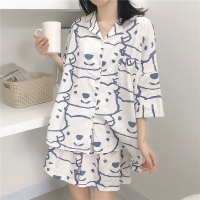 ✗ Korean Ins New Cardigan Pajamas Pyjamas Womens Summer Thin Cartoon Sweet Japanese Girls Loose Short Sleeve and Shorts