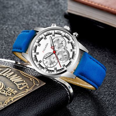 【July】 Foreign trade cross-border hot style high-end fashion belt quartz watch business casual fake three-eye mens with calendar