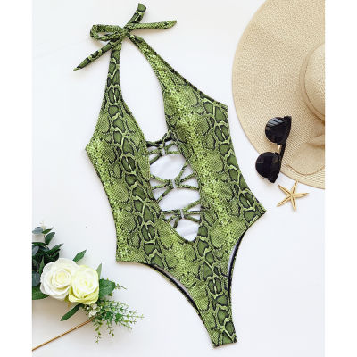 Sexy Green snake Swimwear  Women String Hollowed One Piece Swimsuit Female Halter Bodysuit High Waist Monokini Bathing Suit