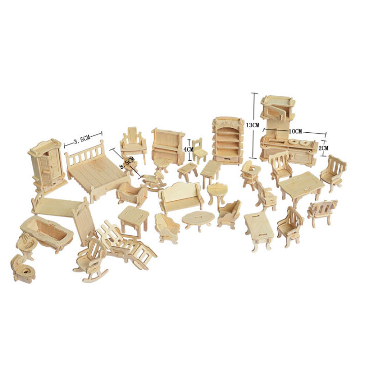 1SET=34PCS , AIBOULLY Wooden Doll House Dollhouse Furnitures Jigsaw Puzzle Scale Miniature Models DIY Accessories Set