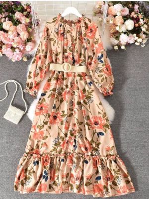 P006-036 PIMNADACLOSET - Long Puff Sleeve Loose Gorgeous Flowers Dress With Belted