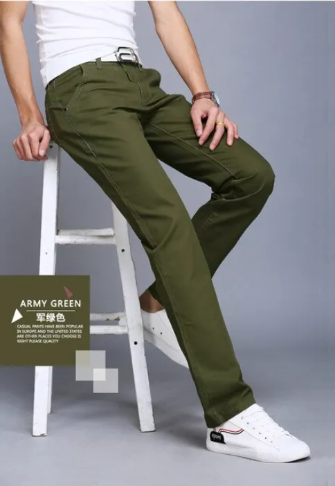 New Casual Pants Men Cotton Slim Fit Chinos Fashion Trousers Male Brand  Clothing dark green Jeans