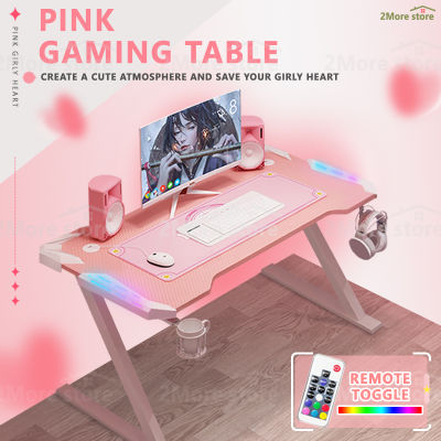 2More Store สีชมพู โต๊ะเล่นเกม สีชมพู โต๊ะคอมพิวเตอร์ โต๊ะ RGB มีรูปทรงขาZ โต๊ะเกม มีไฟ RGB มีไฟ LEDสวย ไม่แสบตา หน้าโต๊ะหุ้มคาร์บอ