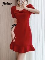 【YF】 Jielur New Womens Red Short Dress Summer French Elegant Lady Square Neck Fashion Retro Bow Tie High Waist Long Dresses