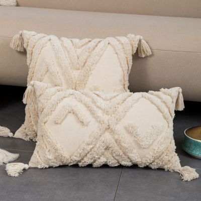 Tufted Pillow Cover with Tassels Boho Embroidery Pillowcase for Home Bedroom Office Sofa Chair Decoration Beige Throw Cushion