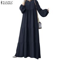 ✐ ZANZEA Women Muslim Daily Long Sleeves Casual Neckline Split V-Necked Dress