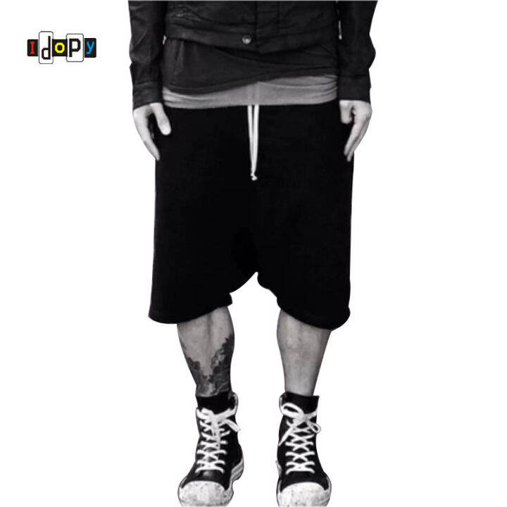 highstreet-ฤดูร้อน-mens-drop-crotch-กางเกงขาสั้น-baggy-หลวม-hip-hop-สีดำ-urban-เสื้อผ้า-joggers-harem-กางเกงสำหรับชาย