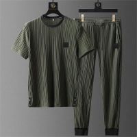 ❁ Summer Ice Silk Set Mens Loose Thin Sports Fold Drape Short-sleeved Trousers Solid Casual Shirt pants Two-Piece Set Tracksuits