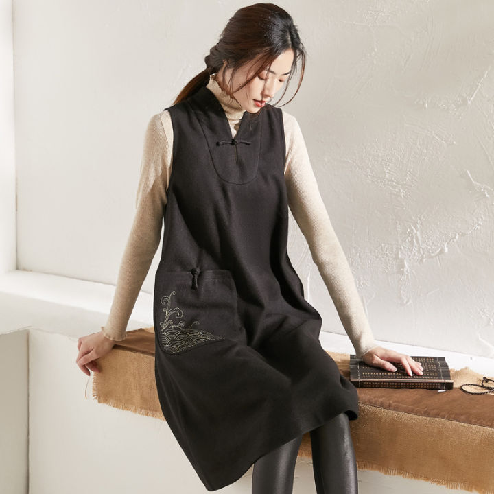 qingshuzhai-2020เสื้อกั๊กกระโปรงยาวชุดชาจีนหญิง-zen-วรรณกรรม-retro-hand-painted-แขนกุด-dress