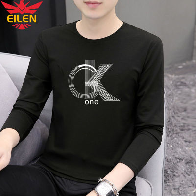 EILEN เสื้อยืดผู้ชายแขนยาว2023ฤดูใบไม้ร่วงเทรนด์ใหม่ฉบับภาษาเกาหลีสไตล์ฮ่องกงเสื้อกันหนาวทรงหลวมๆเสื้อยาวปิดถึงก้นคอกลม