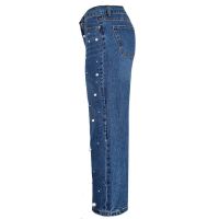 Women High Waisted Wide Leg Jeans With Pearls Baggy Boyfriend Jeans Mom Casual Blue Long Loose Straight Denim Trousers