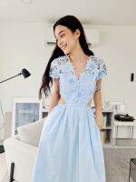 SP262 : Light Blue Cotton Guipure Lace Dress เดรสลูกไม้ผ้าฝ้ายยาว