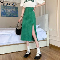 Vintage Slit Irregular Plaid Long Skirt Women Green High Waist y Hip Skirt 2021 Korean Fashion Buttons Streetwear Y2k Clothes