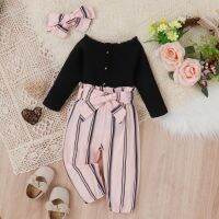 Autumn Toddler Newborn Baby Girls Clothing Sets Solid Off Shoulder Long Sleeve Button T-shirts+Striped Ruffles Pants+Headband  by Hs2023