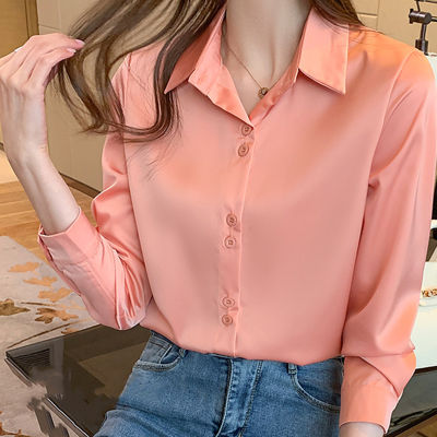 Womens Silk Shirts V-neck Solid Laides Tops Womens 2022 Fall Fashion Satin Long Sleeve Blouses Button Up White OL Vintage Top