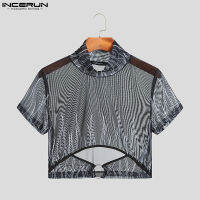 Medussa INCERUN เสื้อครอปมอกไม้สำหรับผู้ชายแขนสั้นผ้าตาข่ายคอสูงสำหรับงานปาร์ตี้เสื้อยืด (สไตล์ตะวันตก)