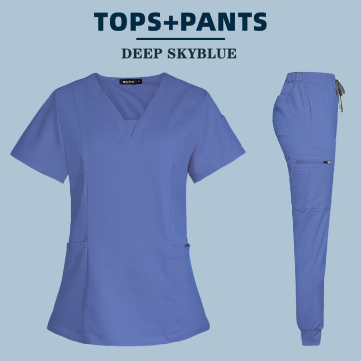 เสื้อแขนสั้นพร้อมกางเกงมีกระเป๋าชุดใส่ทำงานร้านเสริมสวย-seragam-suster-หลวมแพทย์สปาใหม่