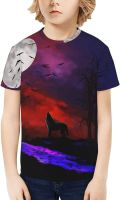 Kids T-Shirt Short Sleeve Full Moon Wolf Howling Night Red Boys Girls Tee Shirts Tops