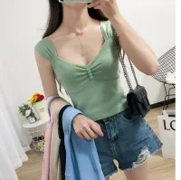 new รุ่น-406 พร้อมส่ง เสื้อไหมพรมแฟชั่นผู้หญิง สายเดียวกระดุม4เม็ดสไตล์เกาหลี ผ้านุ่มใส่สบาย เลือกจ่ายปลายทาง