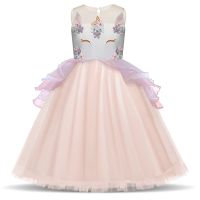 Fancy Unicorn Girls Dress Floral Princess Dress Kids Blue Purple Costume Rainbow Tiered Gown Licorne Carnival Party Ropa nina