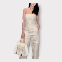 P002-014 PIMNADACLOSET - Strapless Side Pockets Cotton Long Wide Leg Jumpsuit