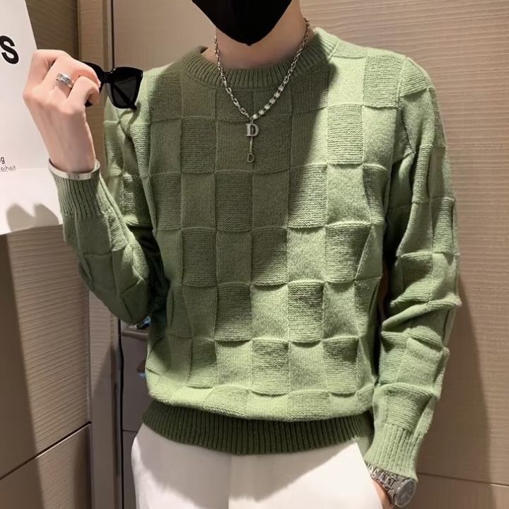 codtheresa-finger-round-neck-solid-color-sweater-checkerboard-boys-loose-casual-bottoming