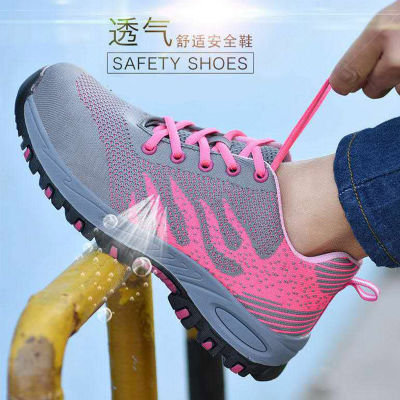 Onesunnys 🍃🍃พิมพ์เปลวไฟ Unisex รองเท้าเซฟตี้ระบายอากาศ Flyknit สำหรับผู้หญิงผู้ชาย รองเท้าทำงานลำลองสตรี รองเท้าผ้าใบแฟชั่นกันกระแทก รองเท้าหัวเหล็ก