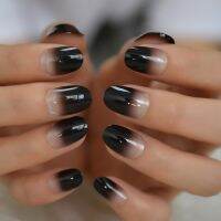 Black Ombre Clear False Nails Short Oval Press On Fingernails Nails Designed for Daily 24 Count