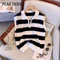 PEAR DODO เสื้อโปโลแขนกุดถักคอวีแนวเกาหลีสำหรับผู้หญิงเสื้อยืดสั้น