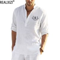 Mens Linen Long Sleeve Shirt Large Size T-shirt Solid Color Cotton Linen Shirt Tops Summer Retro Stand-up Collar Summer Tshirt