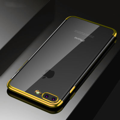 สำหรับ Apple iPhone 7 8 Plus 5.5นิ้วทีพียูอ่อนและยืดหยุ่นเคสเยลลี่คริสตัลใสกลับโลหะหรูหรา Luster Edge ฝาครอบโทรศัพท์