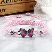 Adjustable Black White String Rope Braided Bracelet for Women Pink Butterfly Pendant Charm Bracelets Handmade Jewelry Girl Gifts