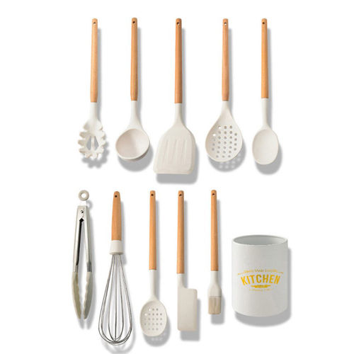 Silicone Cooking Utensils Set Non-Stick Spatula Shovel Wooden Handle  Cooking Tools Set With Storage Box Kitchen Tool Accessories