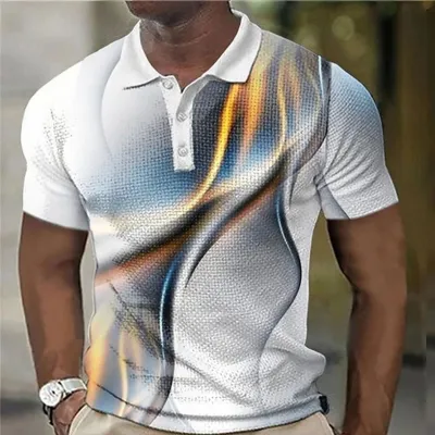 【CC】☬☁✥  New MenS Polo Shirt 3d Gradient Lapel Tees Striped T Man Clothing Short Sleeve Tshirts