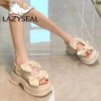 LazySeal ดอกไม้ตกแต่งโบว์แฟชั่นผู้หญิงรองเท้าเสริมส้น Chunky ส้น8Cm Wedge รองเท้าผู้หญิง Sweet รองเท้าสบายๆฤดูร้อน