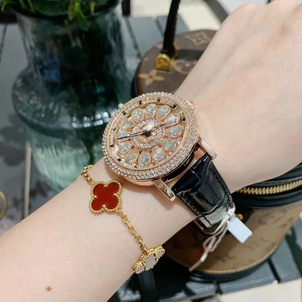 GOOD LUCK Spinning Pretty Colorful Crystals Watches Women Leather