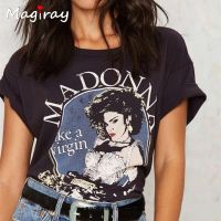 Magiray Madonna Like A Virgin เสื้อยืดพิมพ์ลายตัวอักษร Shirt ผู้หญิงฤดูร้อนพังค์ Kpop ท็อปส์ซูสีดำลำลองเกาหลีวินเทจ Tumblr Femme C226