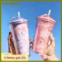 Fanghui แก้วพร้อมหลอดพลาสติกซากุระ480มล. พร้อมฝา BPA ฟรีผนังสองชั้นขวดแก้วชาน้ำดื่มผู้ใหญ่ของขวัญสำนักงานบ้าน