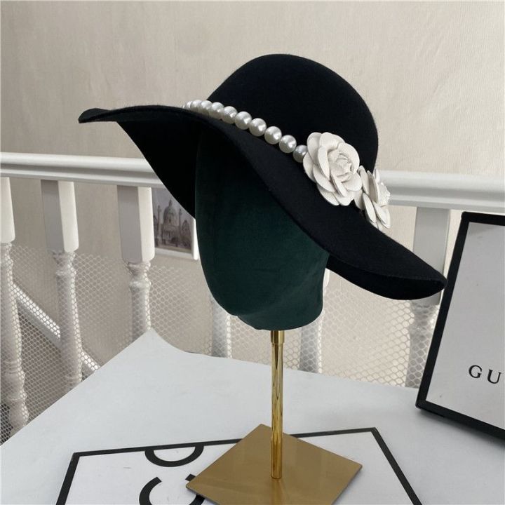 หมวกหมวกปีกหมวกสีดำขนาดใหญ่สไตล์ฝรั่งเศสสำหรับเจ้าสาวแบบใหม่หมวกสไตล์อังกฤษสีดำแบบหรูหรา-audrey-hepburn