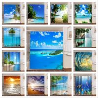 【Bathroom sale】 Seaside Sea Beach Sea WaveTree ม่านอาบน้ำผ้าม่านห้องน้ำ FabricPolyesterCurtain With Hooks