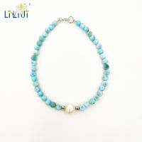 LiiJi Unique Natural Stone Blue Larimar 3-4mm Round Faceted Beads Freshwater Pearl 925 Sterling Silver Fashion Bracelet