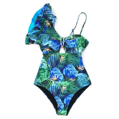One Piece Swimsuit Women Swimwear Push Up Monokini Print Bandage One Shoulder Bathing Suit Bodysuit Beach Wear