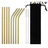 KATELV 18/10 Set Reusable Metal Straws Gold Drinking Straight/Bent Bar With Cleaner