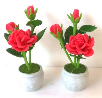 1 คู่ กุหลาบ แจกันดอกกุหลาบแดงจิ๋ว บูชา ร.5 สิ่งศักดิ์สิทธิ์  4"กุหลาบดินปั้น ดินปั้นจิ๋ว งานดินปั้น จิ๋ว ดอกไม้ประดิษฐ์ dollhouse miniature clay flower