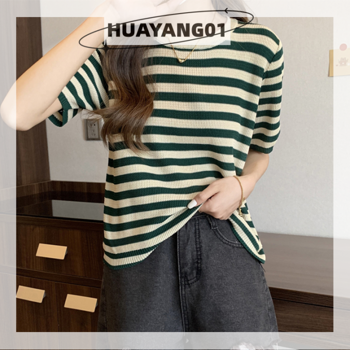 huayang01-2023แฟชั่นสุดฮอต-เสื้อยืดถักลายทางแขนสั้นย้อนยุคฤดูร้อนเสื้อผู้หญิงคอกลมเสื้อแบบหลวมลำลอง