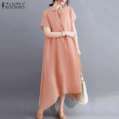 (สินค้ามาใหม่)(จัดส่งฟรี)Fancystyle ZANZEA เสื้อวินเทจของผู้หญิงมีเชือกผูกคอปกแบบหลวมๆลำลองชุดเดรสทรงไม่สมมาตรทึบ #8