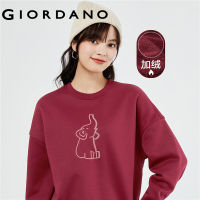 GIORDANO Women Sweatshirts Elephant Embroidery Crewneck Warm Sweatshirts Fleece-Lined Fashion Casual Loose Sweatshirts 05323785