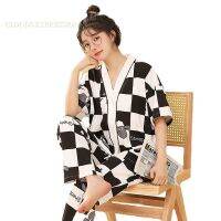 Spring Cartoon Nightwear Kawaii Girls Young Womens Pajama Sets Pyjamas Plaid Sleepwear Female Loungewear Pijama Mujer Homewear